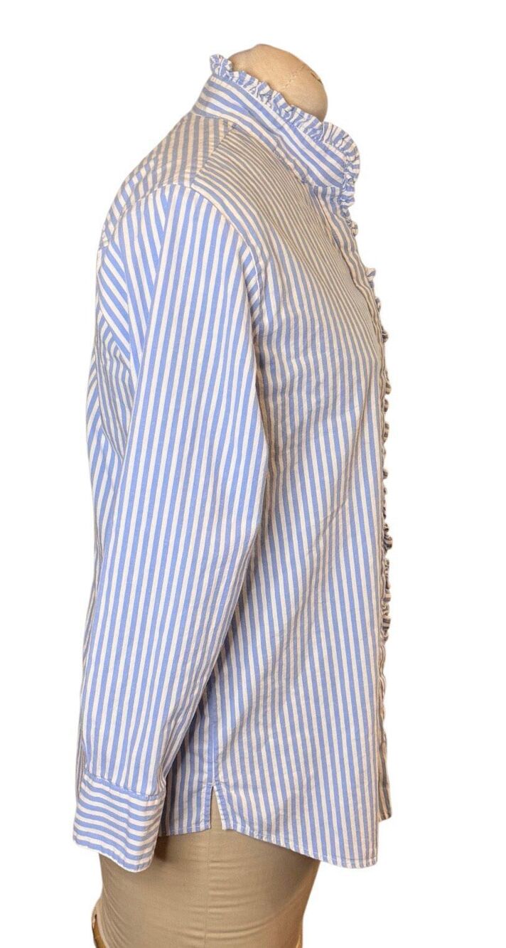 Crown & Ivy Striped Blouse Ruffle Button Front Stand Up Collar Small Preppy Clas - Picture 5 of 10